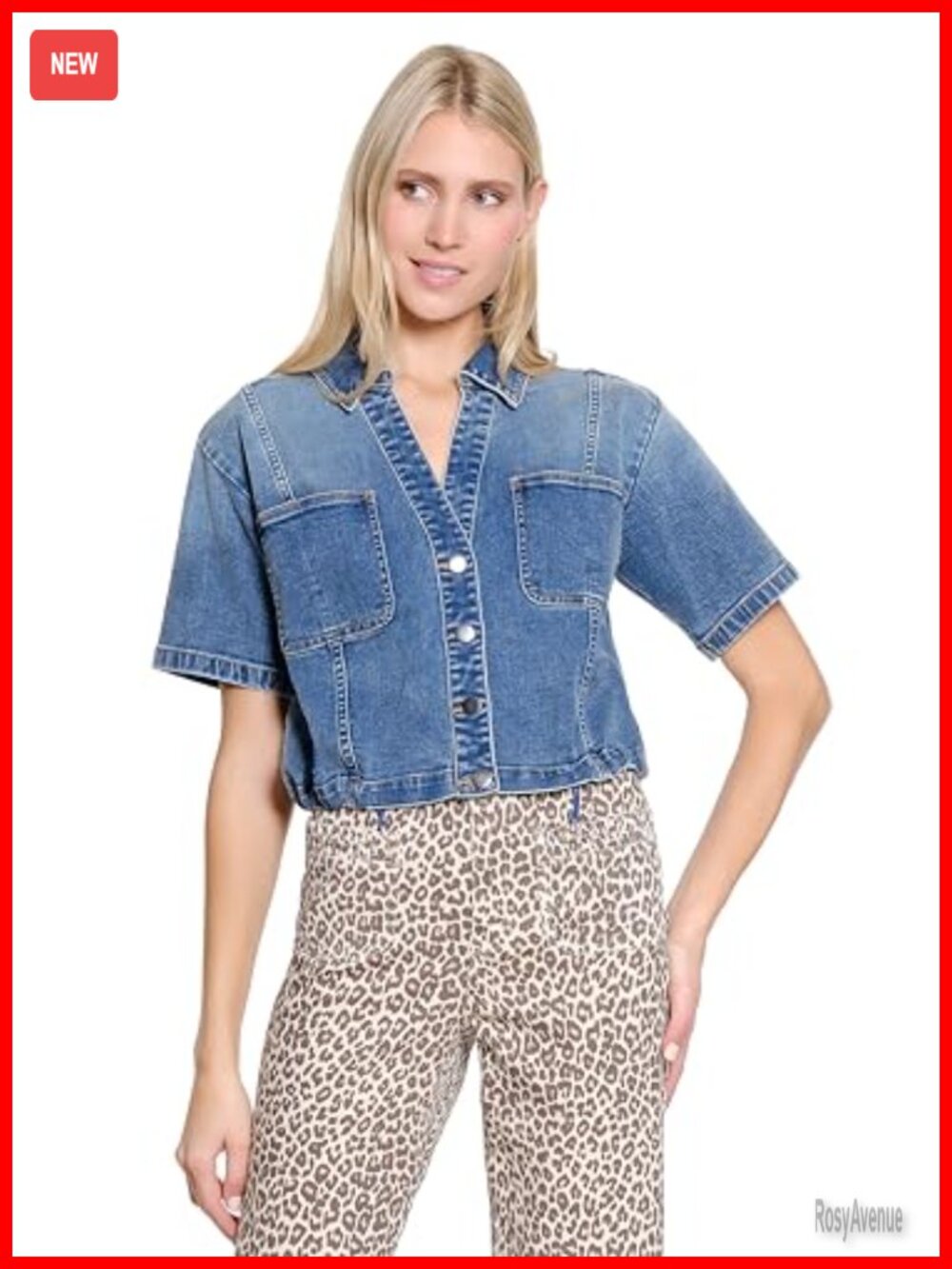 TRU LUXE Button Front Short Sleeve Denim Top Women's Tunic